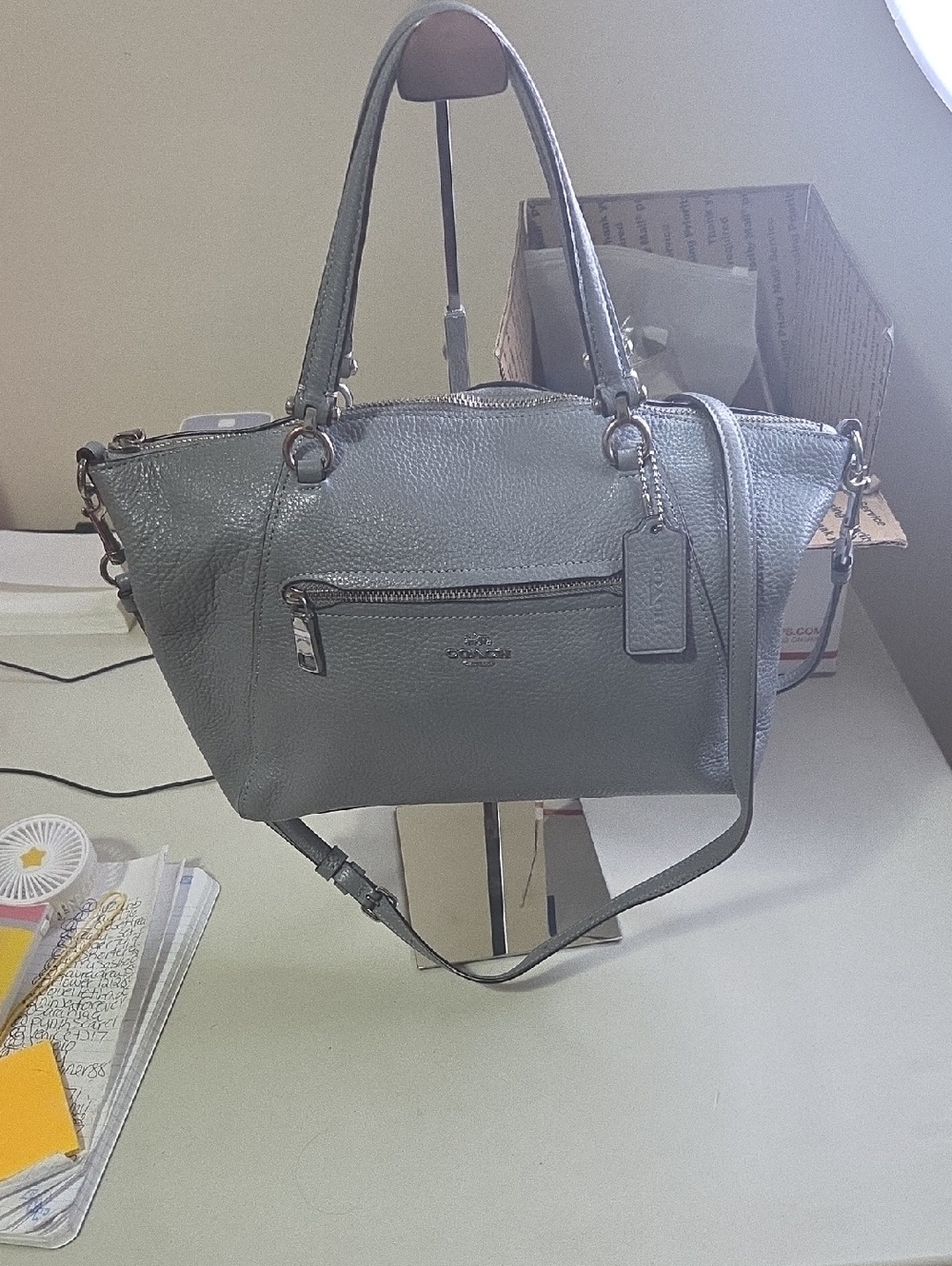Coach prairie Pebbled Leather Shoulder Satchel in Light  Gray